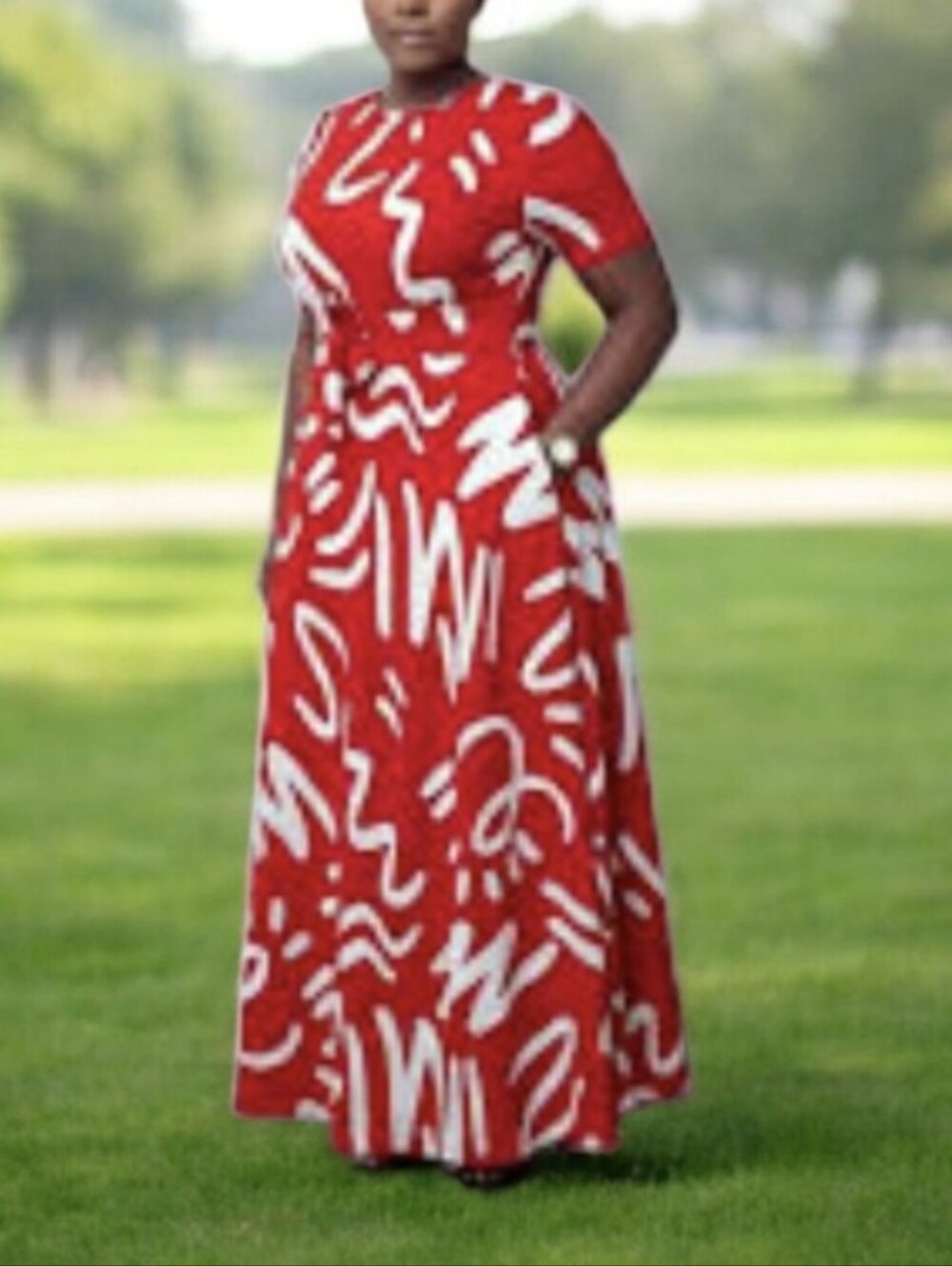 #K128 Red Abstract Print Maxi Dress - Women's Elegant Summer Dress